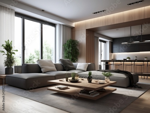 interior design of modern apartment, living room with sofa and coffee tables. create using generative AI.