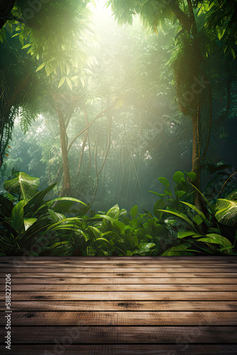 Tropical forest landscape and wooden board front as place for advertisement. Postproducted generative AI illustration.
