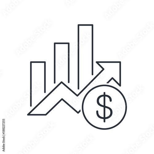Dollar and up arrow chart. Rising prices, inflation. Vector linear icon isolated on white background.