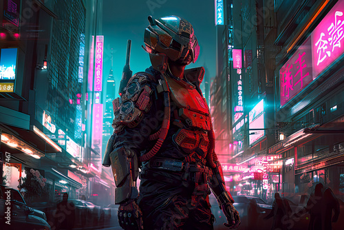 Samurai cyborg standing proud on the street at night. Postproducted generative AI illustration.