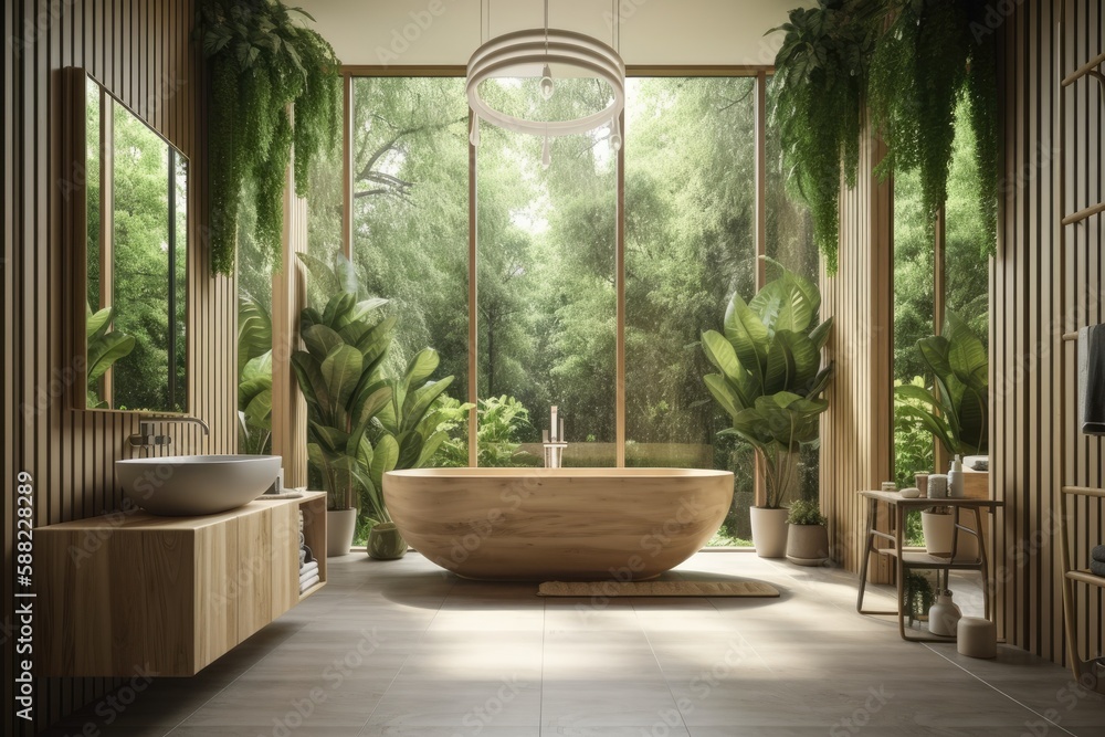Fototapeta premium modern bathroom with a bathtub, sink, and mirror. Generative AI