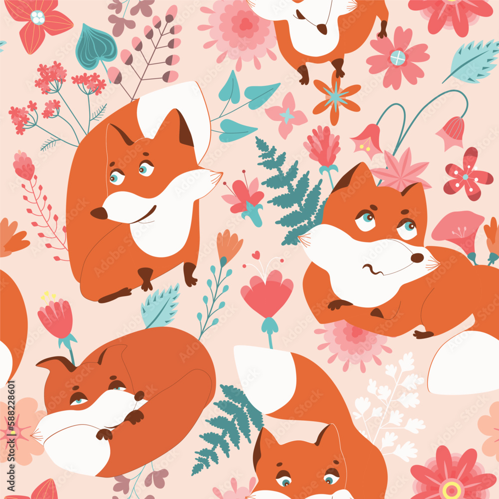 Garden flower, plants, botanical, seamless pattern vector design with cute foxes for kids, fabric, wallpaper and all prints on cream background color. Cute pattern in small flower. Small spring, color Garden flower, plants, botanical, seamless pattern vector design with cute foxes for kids, fabric, wallpaper and all prints on cream background color. Cute pattern in small flower. Small spring, color