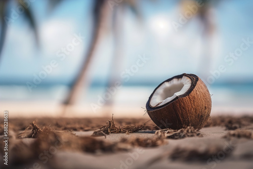 Coconut on the beach, vacation holidays concept, generative ai