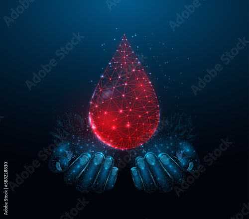 Two human hands are holds blood drop. Wireframe glowing low poly design on dark blue background. Abstract futuristic vector illustration photo