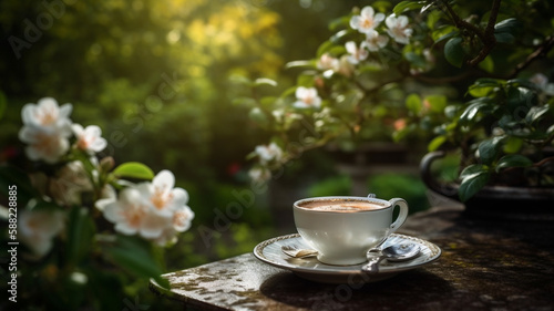  a cup of coffee on a table in a beautiful lush spring flower, generative ai