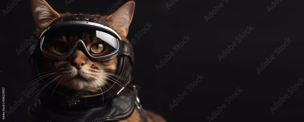 Brutal cool cat biker, serious fluffy pet in helmet, goggles fast riding motorcycle, motion blur. Creative illustration created by Generative AI Brutal cool cat biker, serious fluffy pet in helmet, goggles fast riding motorcycle, motion blur. Creative illustration created by Generative AI