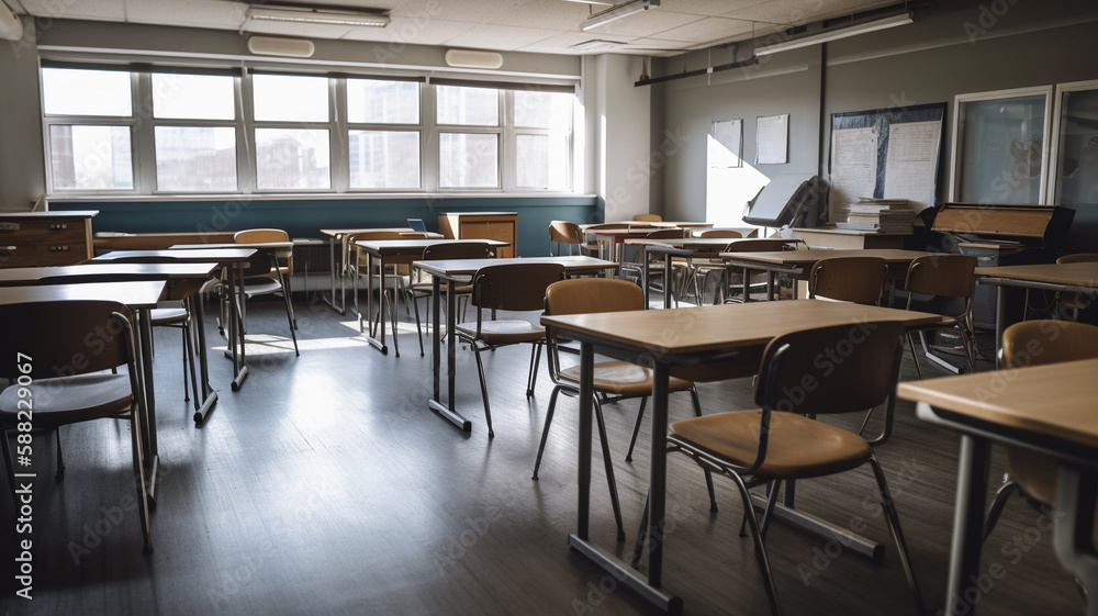 Chairs and tables in a classroom. Generative AI