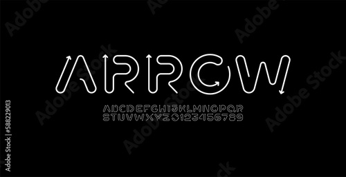 alphabet font from rounded thin line with arrows, letters and numbers made in linear style, vector illustration 10EPS