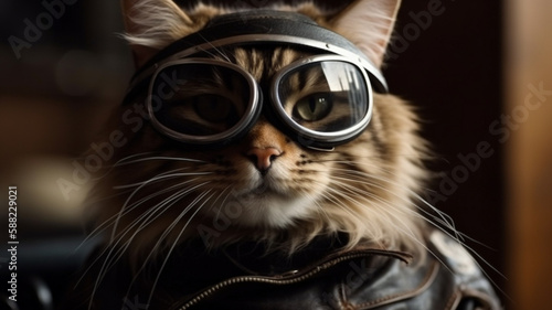 Brutal cool cat biker, serious fluffy pet in helmet, goggles fast riding motorcycle, motion blur. Creative illustration created by Generative AI