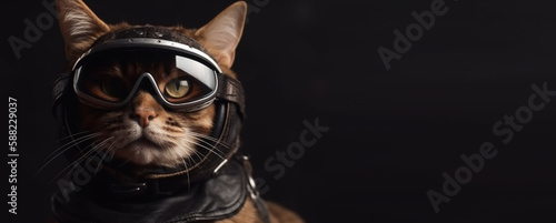 Brutal cool cat biker, serious fluffy pet in helmet, goggles fast riding motorcycle, motion blur. Creative illustration created by Generative AI