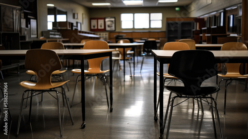 Chairs and tables in a classroom. Generative AI