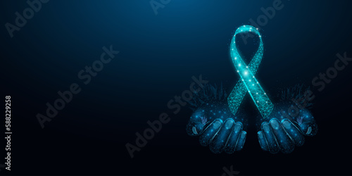 Two human hands are holds teal ribbon awareness. Wireframe glowing low poly. Isolated on black background. Vector illustration