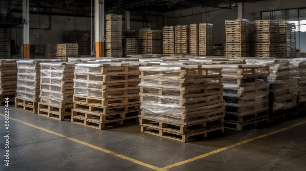Package boxes wrapped plastic on plastic on pallets load in warehouse, Generative AI Package boxes wrapped plastic on plastic on pallets load in warehouse, Generative AI
