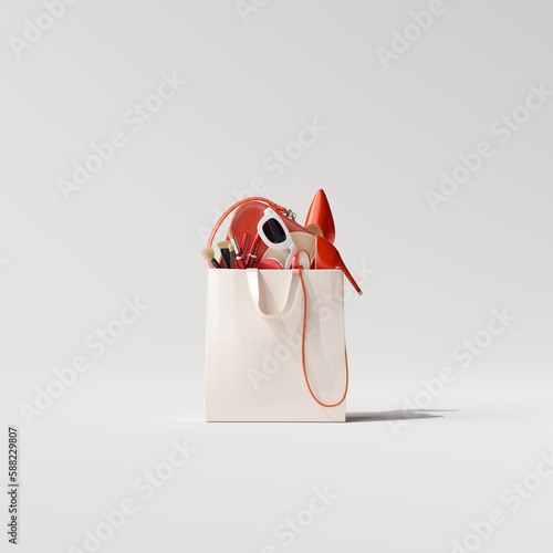 Women fashion accessories bag, high heels, lipstick in bag shopping on white background. 3d rendering