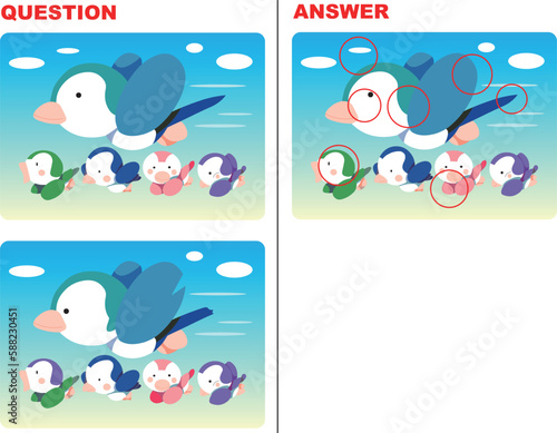 キュートな鳥の親子が飛んでる間違い探しクイズ