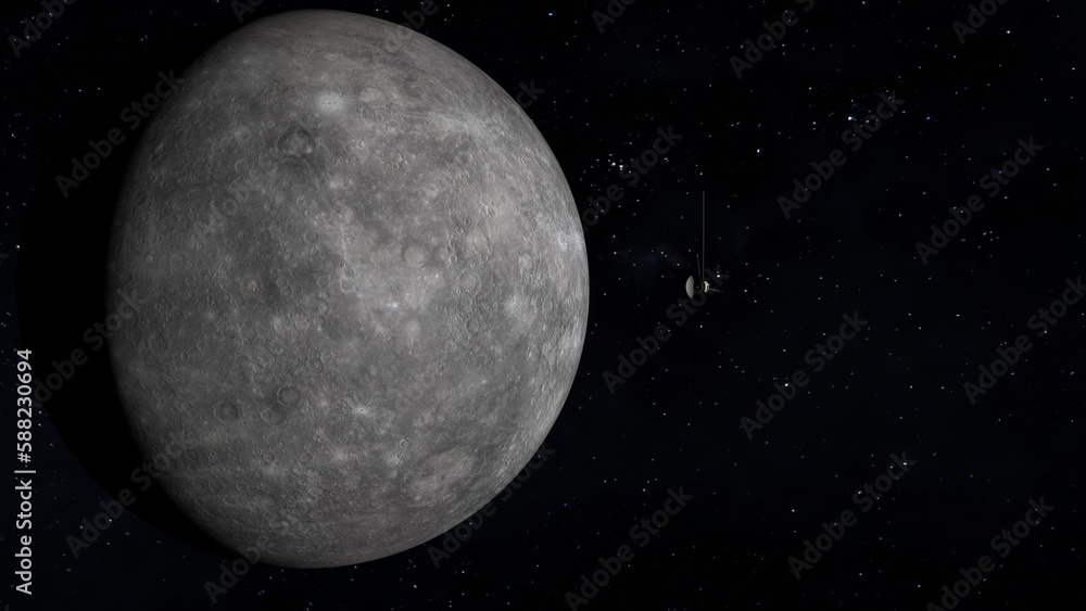 Naklejka premium Space probe Approaching Planet Mercury. 3D Rendering