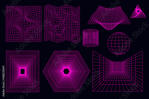 Geometric wireframe shapes and grids in neon pink. 3D abstract backgrounds, patterns, cyberpunk elements in trendy psychedelic style.