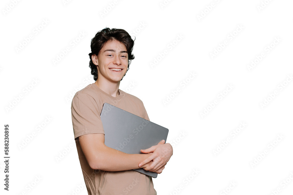 Handsome Italian cheerful student guy carrying laptop looks at camera broad smiles stands against transparent background with copy space for ad. Mockup, youth and students life. Boy with new computer. Handsome Italian cheerful student guy carrying laptop looks at camera broad smiles stands against transparent background with copy space for ad. Mockup, youth and students life. Boy with new computer.