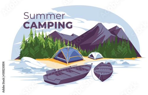 Mountain camping near a river or lake with boats. Adventure tourism on weekends. Vector flat illustration