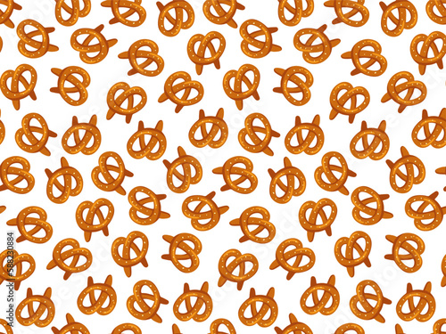 Bavarian pretzel. Seamless pattern with Pretzels on white background. Salty Beer Snack pastries. illustration flat vector design for Oktoberfest. Traditional german pretzel with salt, Bavarian food.