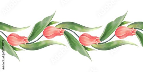 Seamless border with red flowers and leaves. Spring tulip flowers.