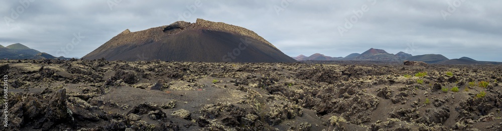 Sea of lava landscape on Lanzarote and Volcano El Cuervo on the Caldera de Los Cuervos hike