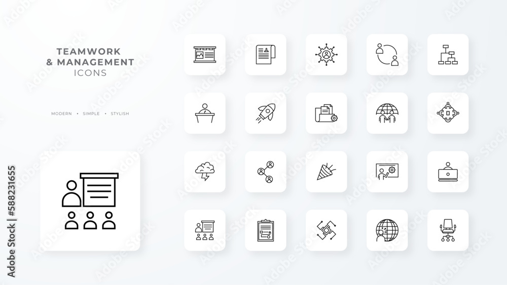 Teamwork and Management icons collection with black outline style. team, partnership, manager, organization, discussion, communication, corporate. Vector illustration Teamwork and Management icons collection with black outline style. team, partnership, manager, organization, discussion, communication, corporate. Vector illustration