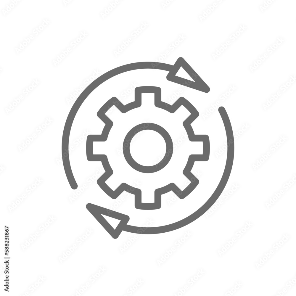 Process Teamwork and Management icon with black outline style. development, arrow, work, production, support, optimization, implement. Vector illustration