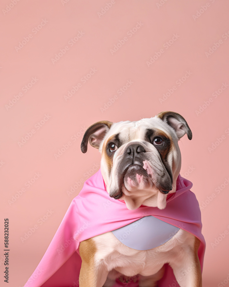 Abstract portrait of an animal with a cape, a superhero dog and the hero of every home. Little cute pet on a pastel background. Funny portrait. Illustration, Generative AI.