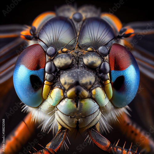 Insect Head Macro Photo, Dragonfly Close-Up, Faceted Eyes, Damselfly Abstract AI Generative Illustration © artemstepanov
