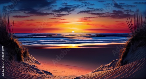 Early Morning Beach, Red Ocean, Sea Sunrise, Sunset Landscape, Abstract Generative AI Illustration