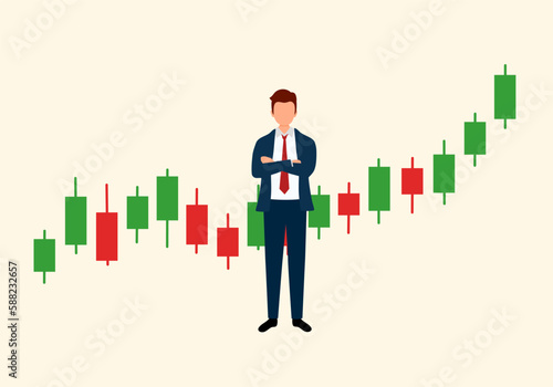 Successful businessman young trader with stock market in flat design.