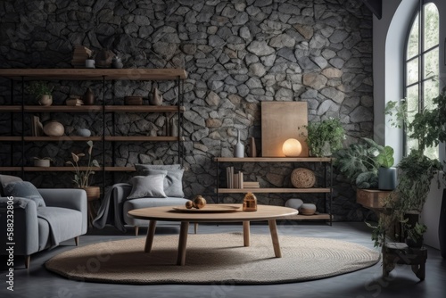 modern living room with a rustic stone wall and a round coffee table. Generative AI © AkuAku