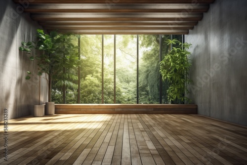 Illustration of an empty room with large windows allowing natural light to flood the space. Generative AI