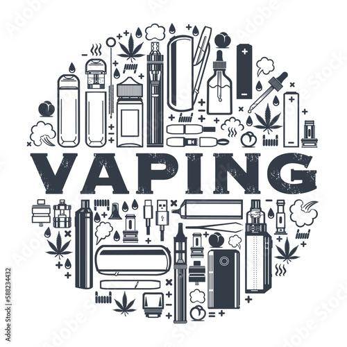 Vaping round frame for product design. Cigarettes, liquid vaporizers, marijuana leaf. Vector isolated on white background.