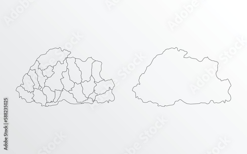 Black Outline vector Map of Bhutan with regions