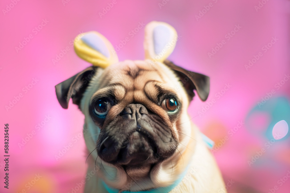 Pug dog wearing pink Easter bunny ears. Generative AI Illustration