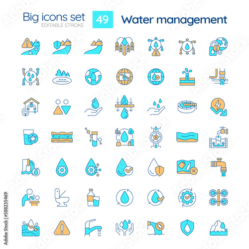 Water management RGB color icons set. Fresh aqua sources protection. Effective consumption and treatment. Isolated vector illustrations. Simple filled line drawings collection. Editable stroke