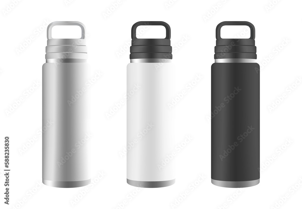 Black White Steel Water Bottle PNG Mockup Illustration Set Black White Steel Water Bottle PNG Mockup Illustration Set