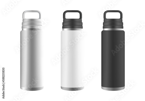 Black White Steel Water Bottle PNG Mockup Illustration Set