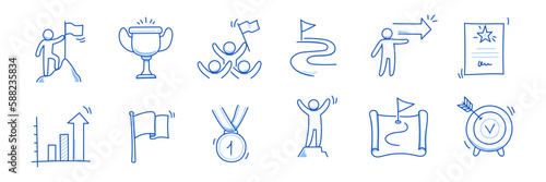 Success leader business doodle icons. Man with leadership flag doodle line sketch award, certificate, trophy. Victory, success, winner concept icon. Outline editable pen stroke. Vector illustration