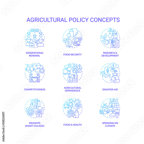 Agricultural policy blue gradient concept icons set. Law regulation of farming business idea thin line color illustrations. Isolated symbols. Roboto-Medium, Myriad Pro-Bold fonts used