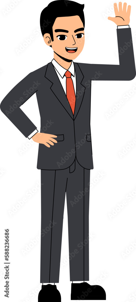 Seth Business Man Hands Up Greeting Say Hi Akimbo Pose Standing Character Design Isolated