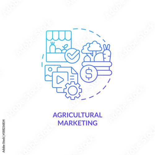 Agricultural marketing blue gradient concept icon. Products advertising. Farming business subsidy abstract idea thin line illustration. Isolated outline drawing. Myriad Pro-Bold font used