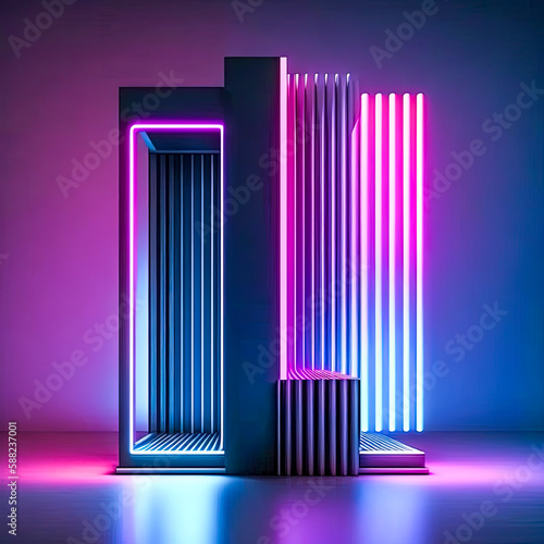 AI generated abstract space red blue pink neon background with cuboid shapes glows in darkness.