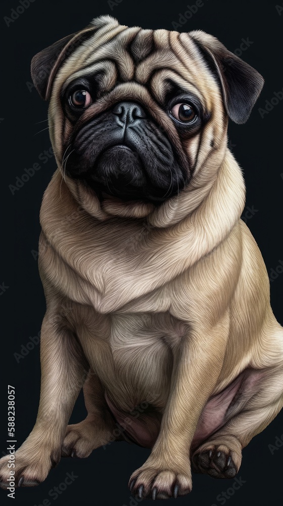 Illustration of a cute pug dog sitting in front of a black background created with Generative AI technology