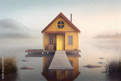 Yellow wooden house on the lake in the fog. AI Generative © narokzaad