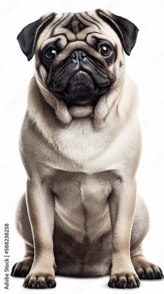 Illustration of a pug dog sitting and making eye contact with the camera created with Generative AI technology