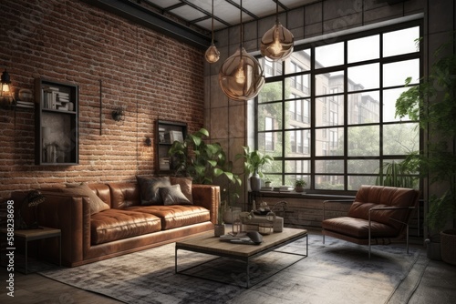 cozy living room with brick wall and stylish furniture. Generative AI