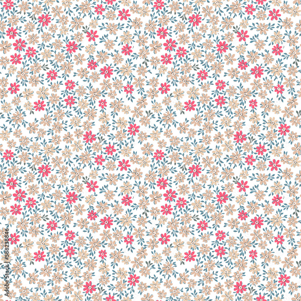 A pattern of small pink and beige flowers with green leaves on a light background. Colorful seamless background for textiles, fabric, cotton fabric, covers, wallpaper, prints, gift wrapping. A pattern of small pink and beige flowers with green leaves on a light background. Colorful seamless background for textiles, fabric, cotton fabric, covers, wallpaper, prints, gift wrapping.